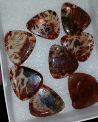 Woodward ranch red plume agate cut into guitar picks